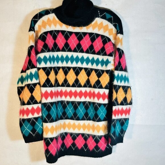 Angora Sweater Rabbit Hair Lambswool Size Small Harlequin Turtleneck Black Pink - Picture 2 of 10
